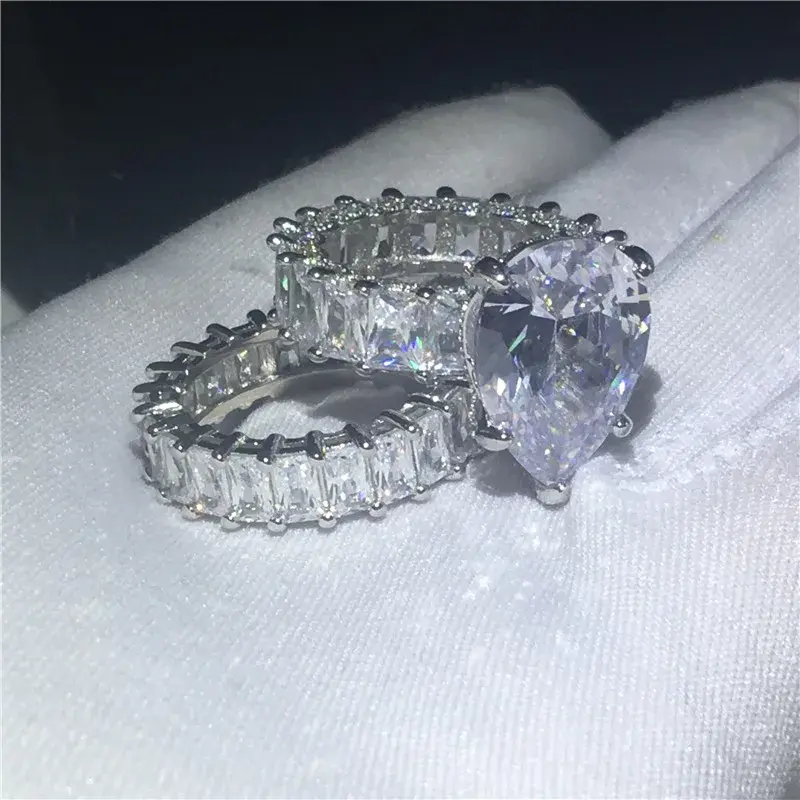 Thumbnail: Angel Water Drop 8ct Sona Cz Ring Set 925 Sterling Silver Engagement Women
