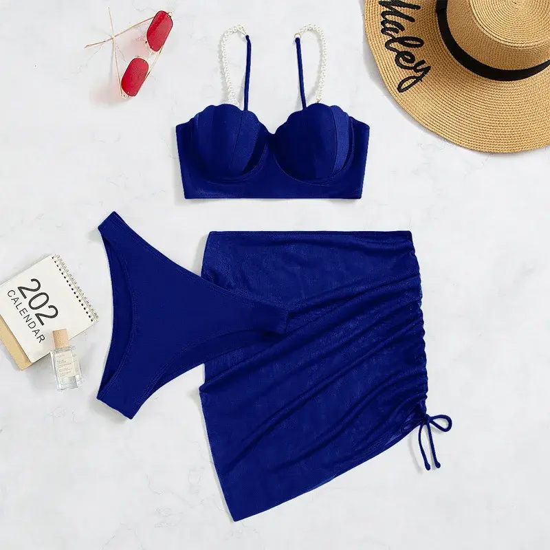 Thumbnail: Swimsuit Bikini Three Pieces Set Solid Blue/Red/Orange/Black
