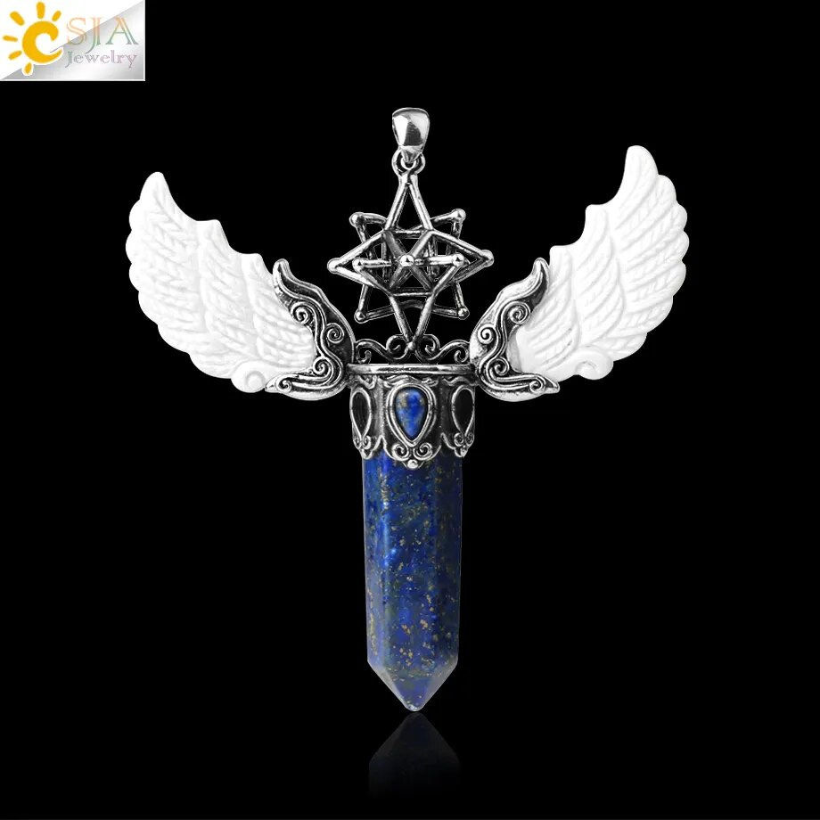 Thumbnail: Merkaba Hexagonal Crystal Necklace Big Natural Stone Angel Wings Lapis Lazuli