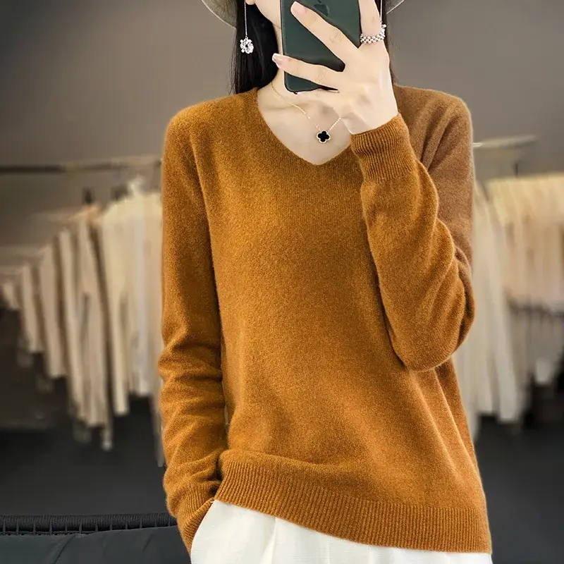 Thumbnail: Knitting Sweater V-Neck Solid Color Loose Long Sleeved Soft