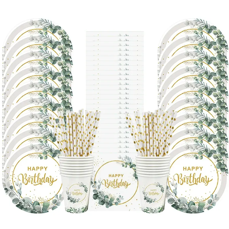 Thumbnail: 85Pcs/Set Birthday Disposable Tableware Paper Plate Cup Napkins Green Leaf