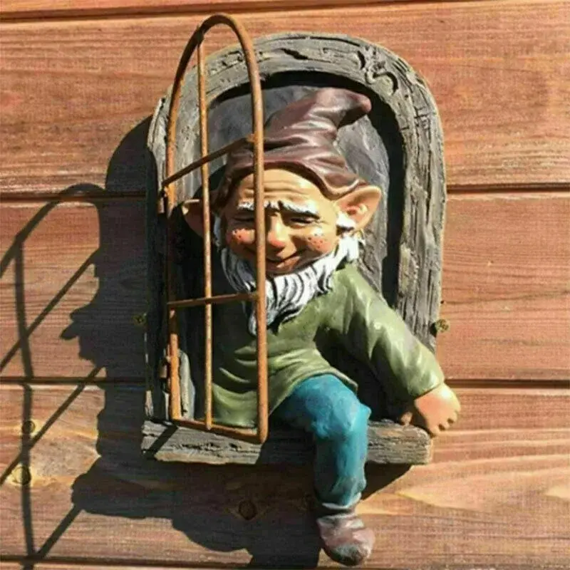 Thumbnail: Elf Out the Door /Window Tree Hugger Naughty Garden Gnome Statue Tree Decor