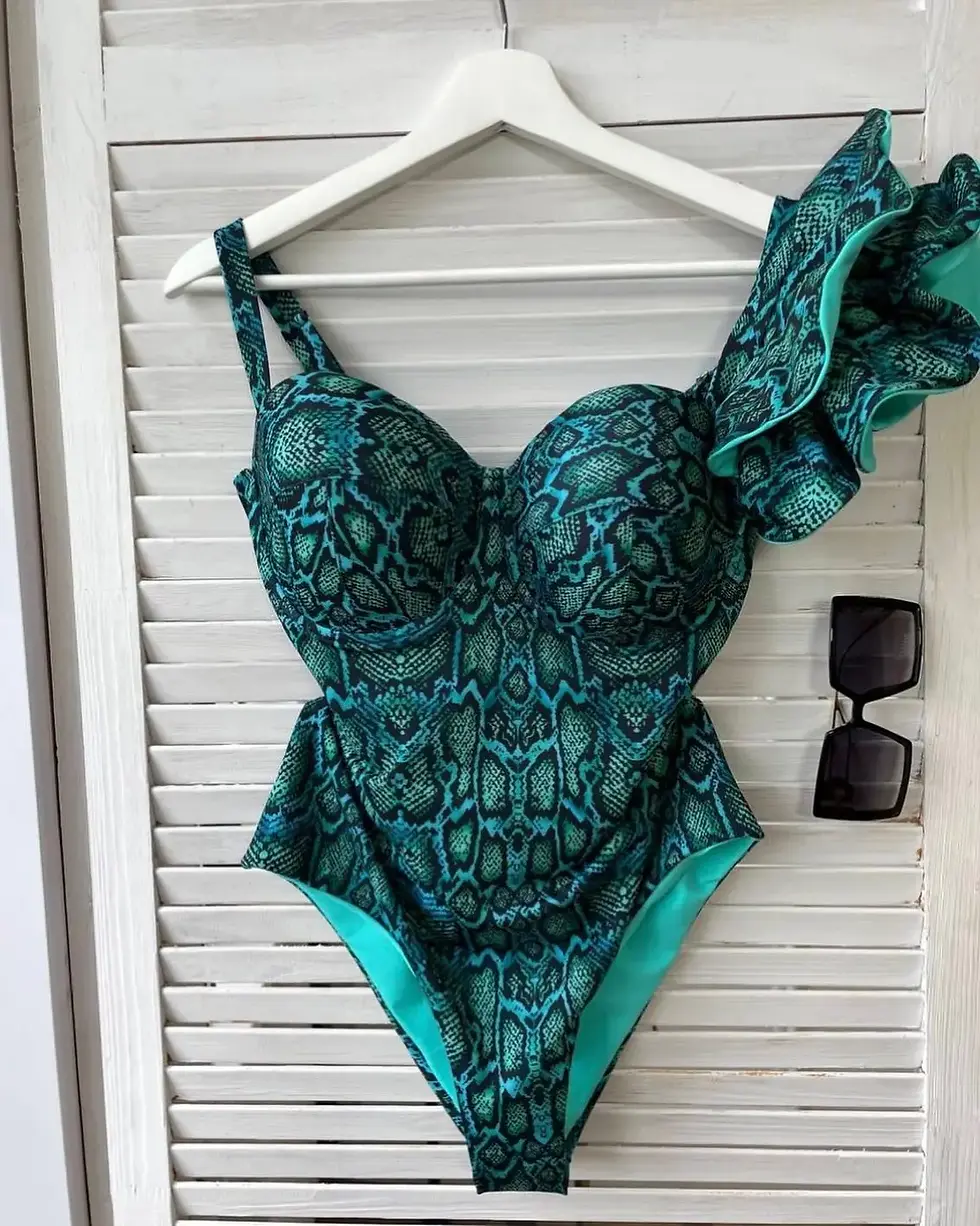 Thumbnail: Sexy Print Floral One Shoulder Ruffles One Piece Swimwear V Neck