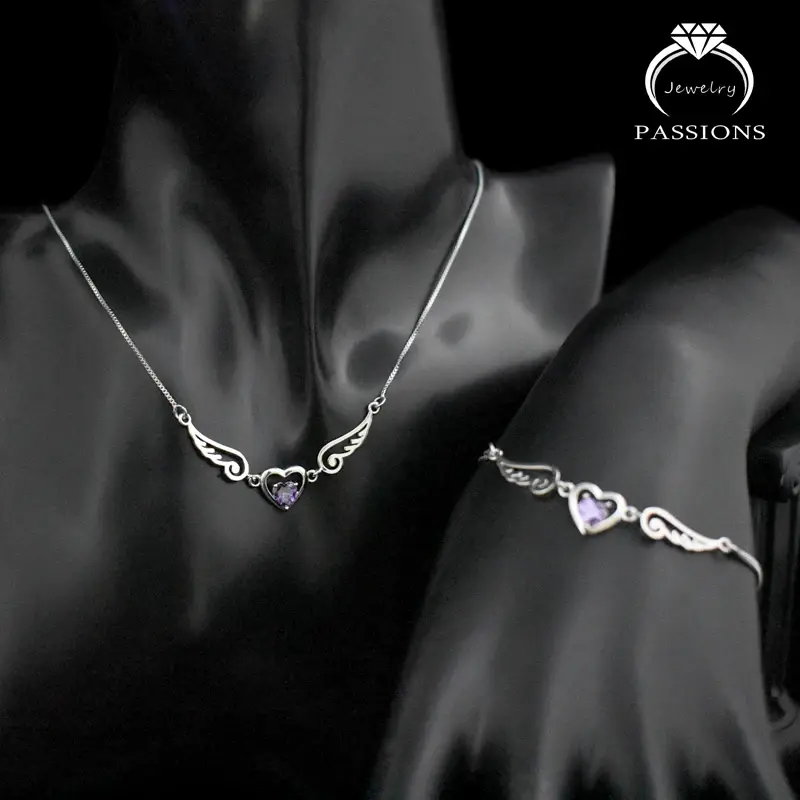 Thumbnail: Purple 925 Sterling Silver Heart Angel Wings Set AAA Zircon Necklace Bracelet