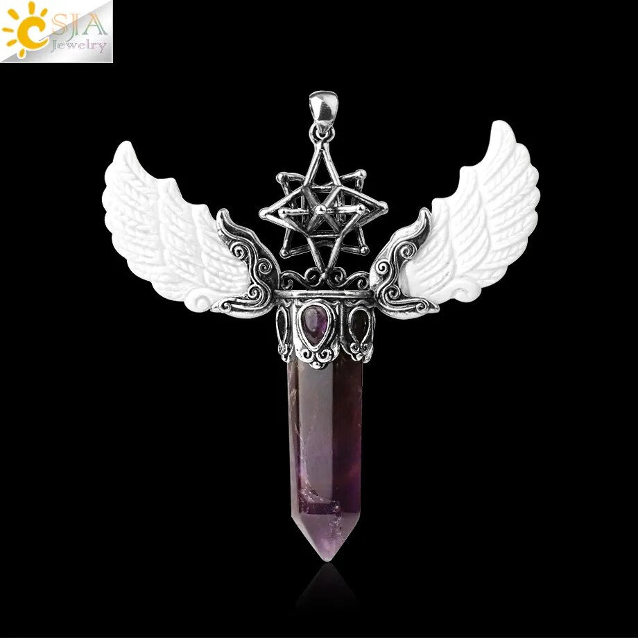 Thumbnail: Merkaba Hexagonal Crystal Necklace Big Natural Stone Angel Wings Lapis Lazuli