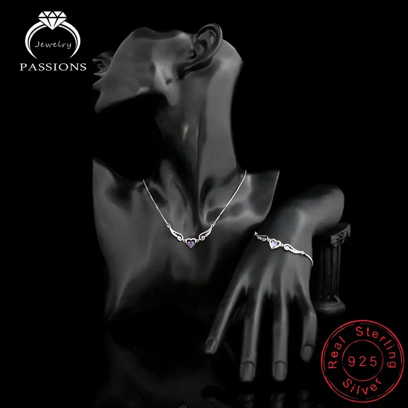 Thumbnail: Purple 925 Sterling Silver Heart Angel Wings Set AAA Zircon Necklace Bracelet