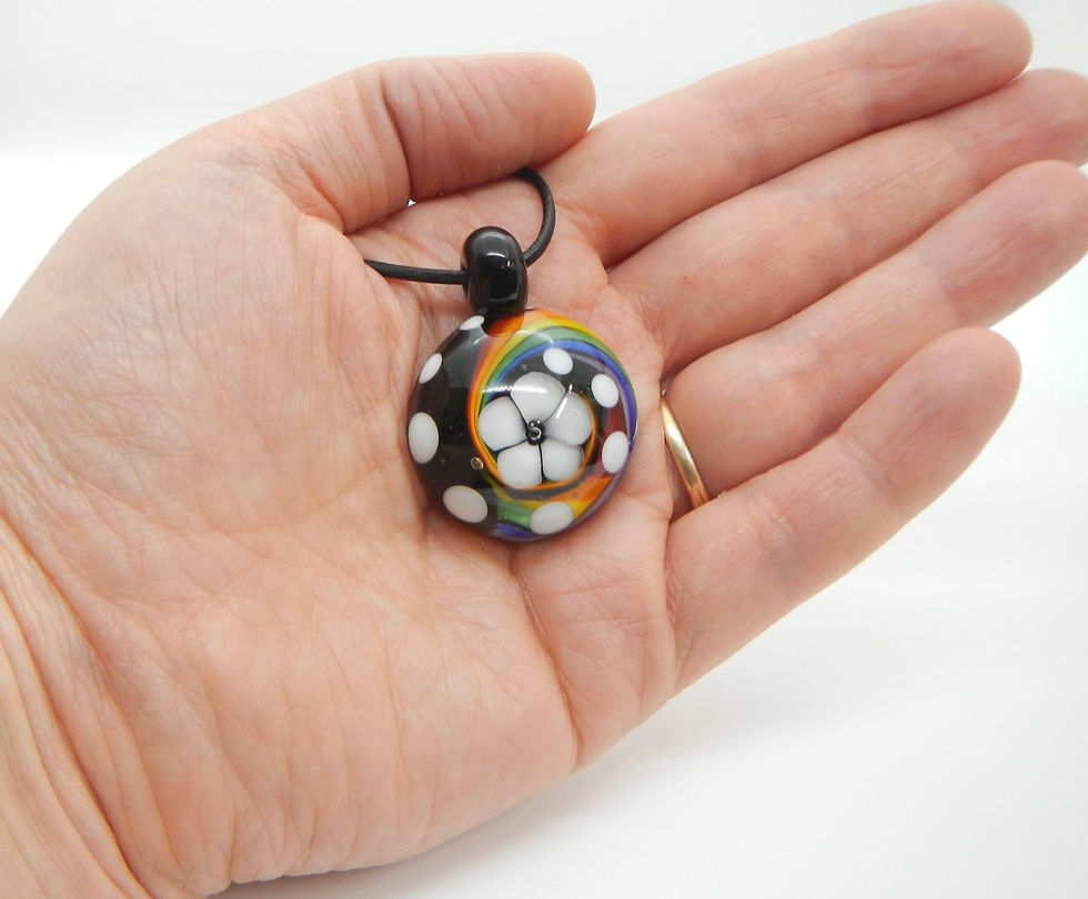 Thumbnail: handmade glass pendant necklace rainbow colors with flower and polka dots