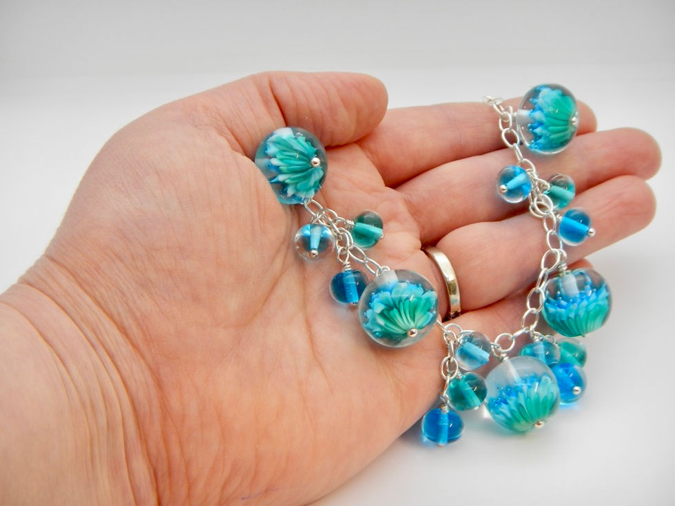 Thumbnail: lampwork necklace handmade glass in blues and greens 8