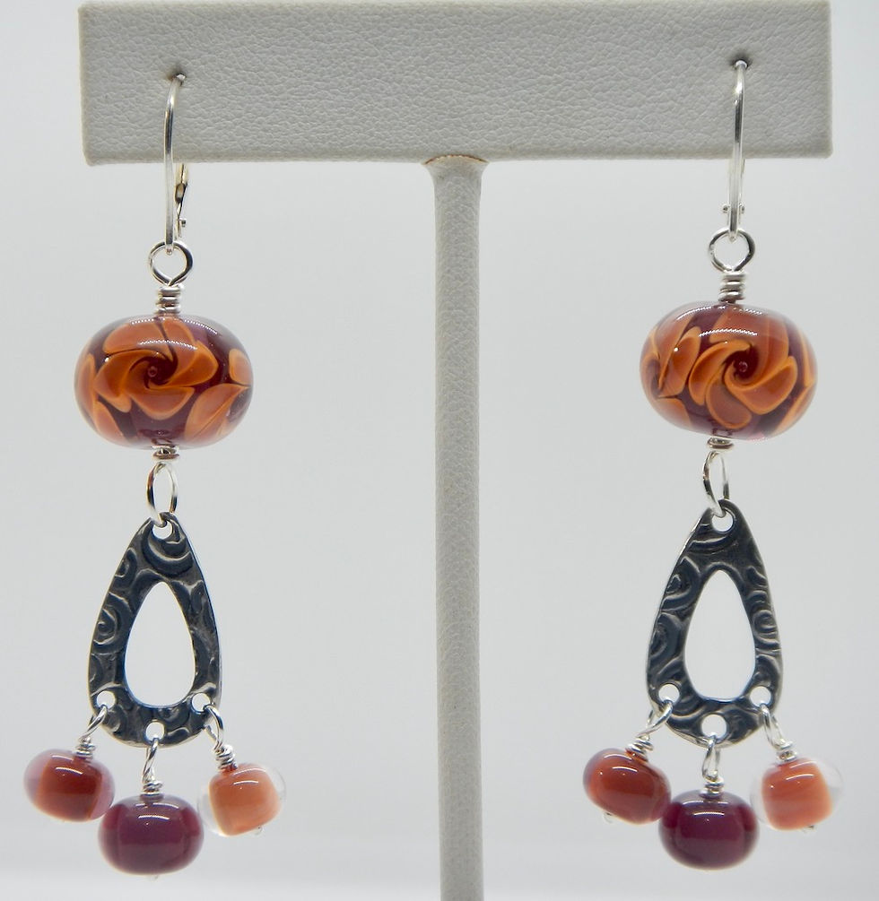 Thumbnail: purple and coral pink dangly flower lampwork glass bead earrings view 3