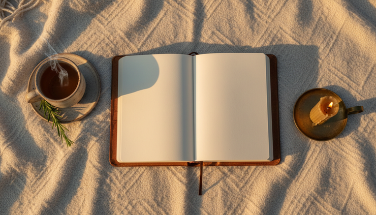 Overhead view of an open journal, a candle, and a cup of tea on a woven blanket.