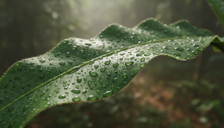 Close-up view of a green rainforest leaf covered in morning droplets.