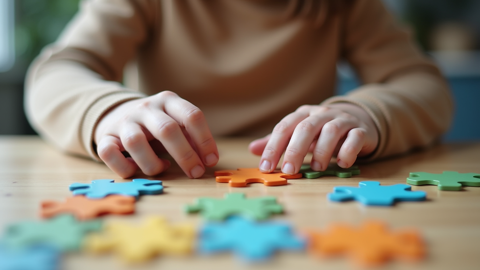 Close-up of a child’s hands working on a puzzle during a neuropsychological session
