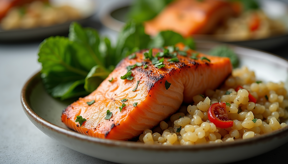 Grilled salmon with herbs on couscous and cherry tomatoes, garnished with greens on a white plate. Bright, fresh, and appetizing setting.