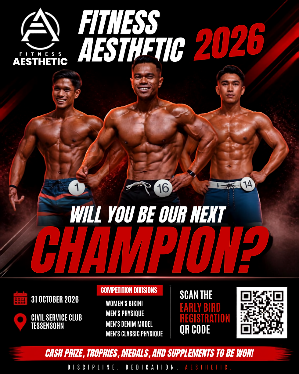 Event poster for Fitness Aesthetic 2026 with three male competitors
