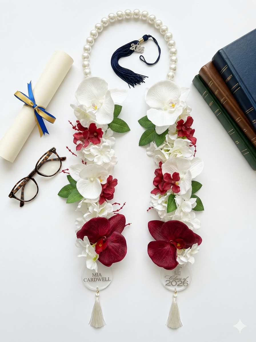 Custom Graduation Lei - White & cherry red