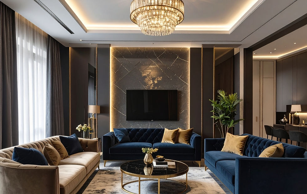 2026 luxury living room space with custom lighting and matching upholstery