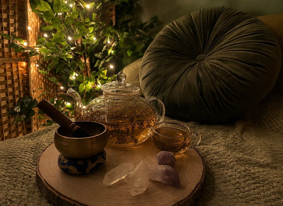 Warm, cozy treatment room at The Alchemy Room in Wick, West Sussex, offering reflexology for anxiety and mental well-being, featuring a plush therapy bed, soft salt lamp lighting, and peaceful ambient decor.