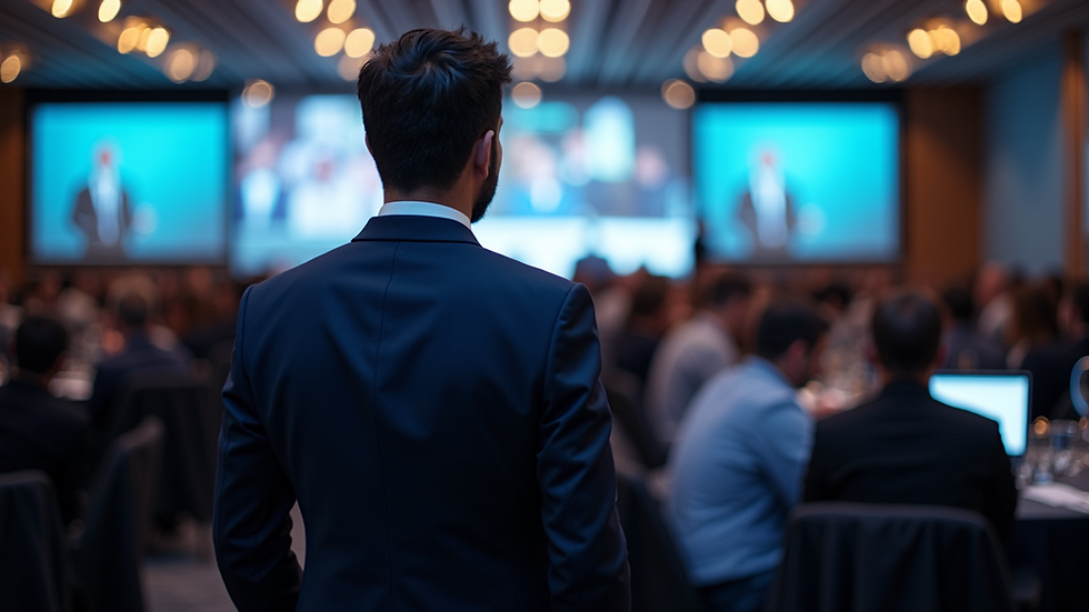High angle view of a bustling conference with security industry professionals