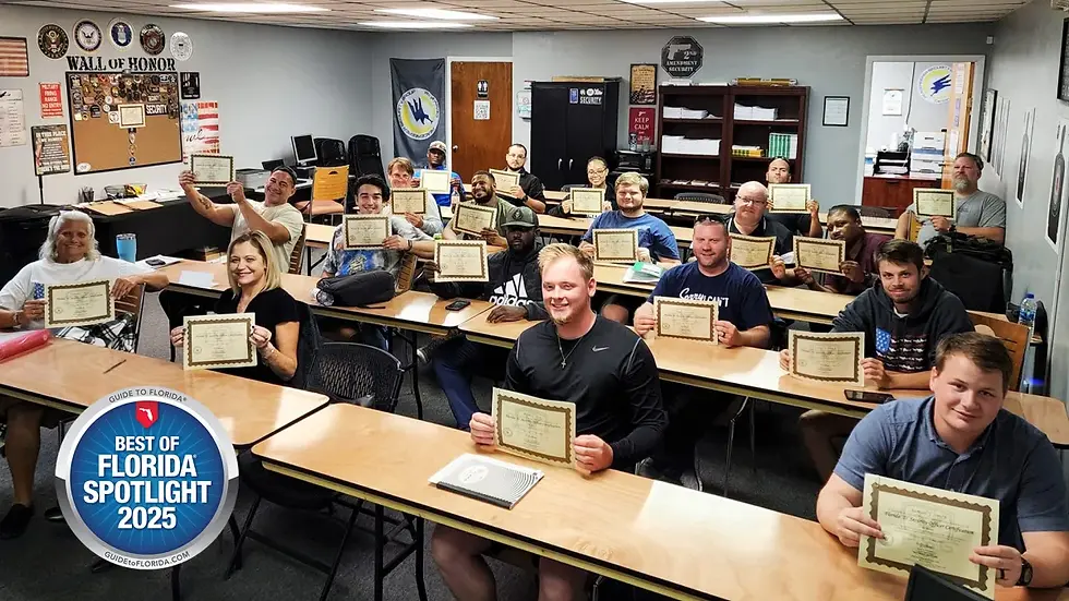 Eye-level view of a security training classroom with students practicing emergency drills