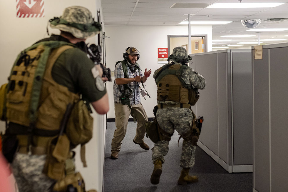 Eye-level view of a security officer practicing emergency response drills