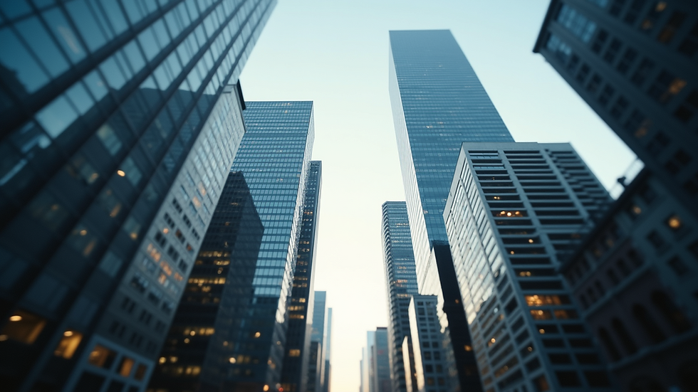 Eye-level view of an urban skyline with enhanced security features
