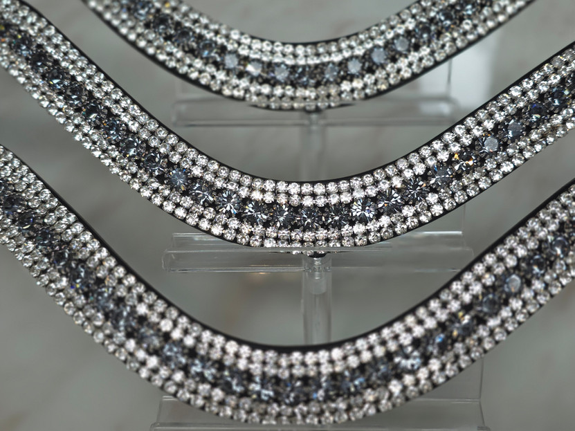 Moonstone crystal horse browband with graphite grey and white Preciosa crystals on leather
