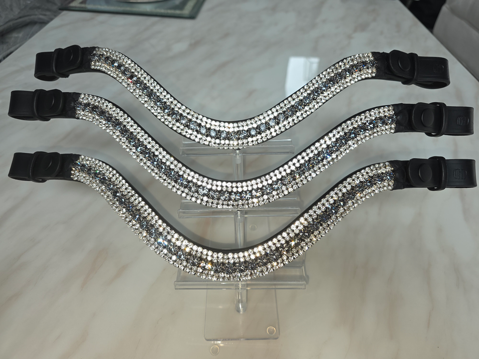Moonstone crystal horse browband with graphite grey and white Preciosa crystals and convenient detachable design