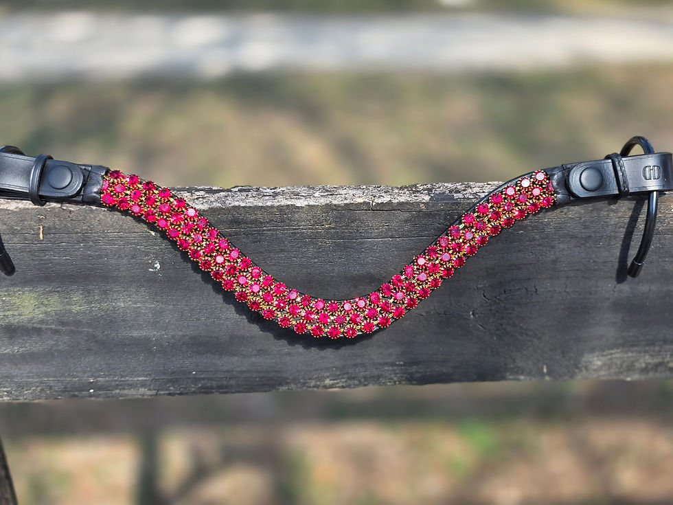 The Monarch 3-row horse browband featuring high-impact red Preciosa® crystals in gold-colored casings, black genuine leather