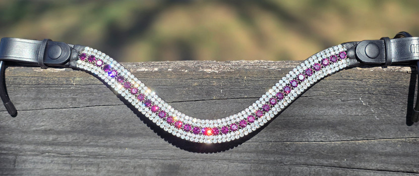Detail of purple and clear Preciosa crystals on Prince of Amethyst luxury horse browband