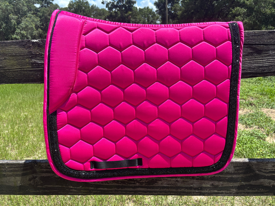 Pink Jewel Noir English dressage horse saddle pad in pink satin with black crystal trim