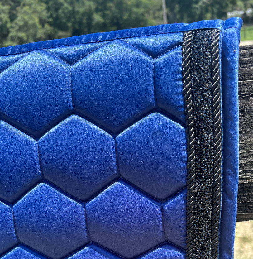 Midnight Majesty Blue Horse Saddle Pad with Black Rock Crystals, quilted satin, elegant and comfortable.