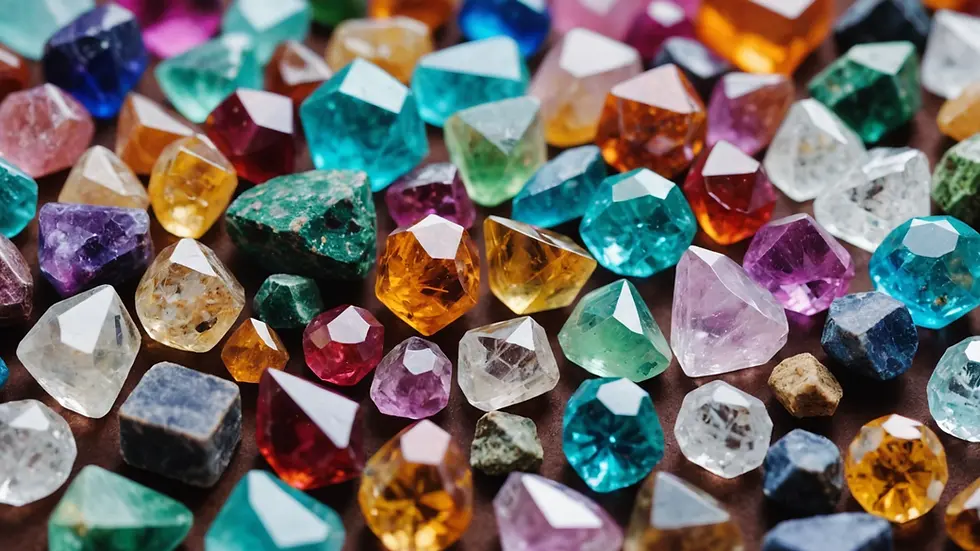 Close-up view of assorted healing crystals with various colors and textures