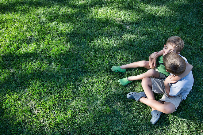 Siblings sat on cut crass