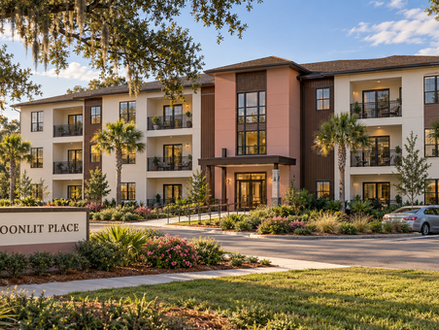 Conceptual exterior rendering of Moonlit Place, S & S Foundation’s proposed three-story affordable-housing community in Tallahassee, Florida.