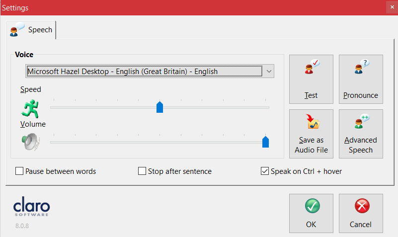 ClaroRead speech settings