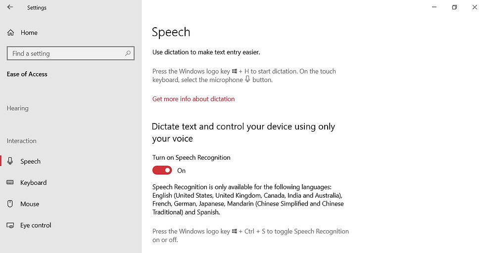 Speech Recognitin settings