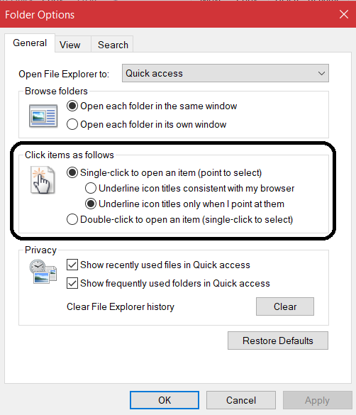 Folder Options. Click items as follows section. Single-click with "Underline icon titles only when I point at them" selected.