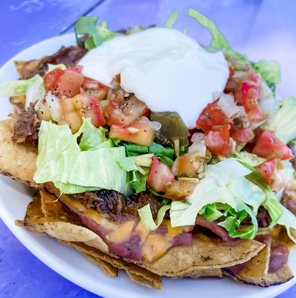 Tamarind pork nachitos at Barefoot Bar, Belize