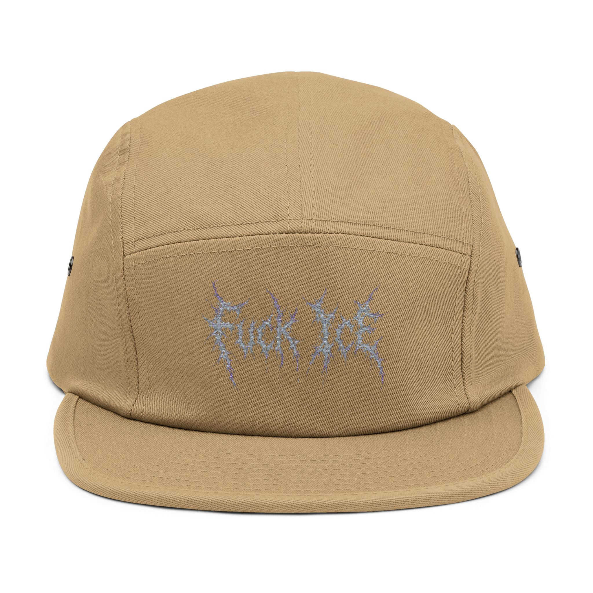 Embroidered 5-Panel Cap — Gothic Script "F*ck Ice" Tan Camper Hat
