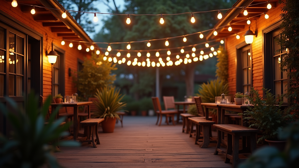 Eye-level view of a cozy patio with string lights hanging overhead