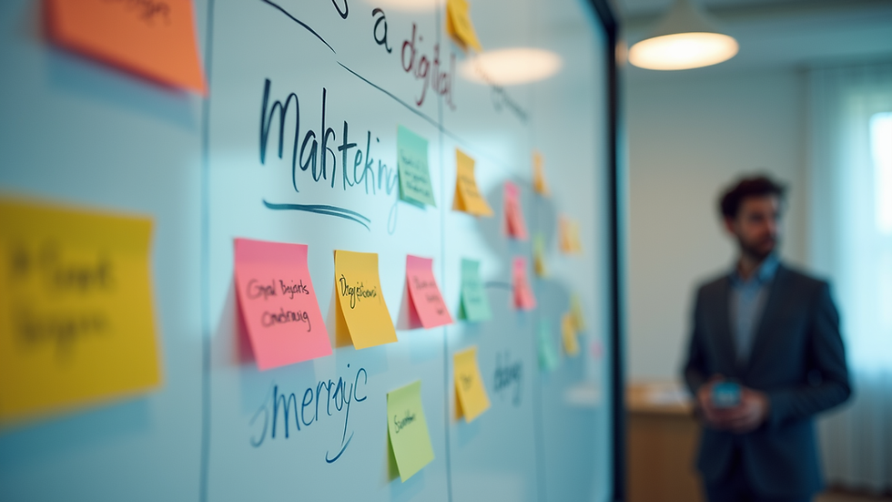Eye-level view of a digital marketing strategy board with colorful notes