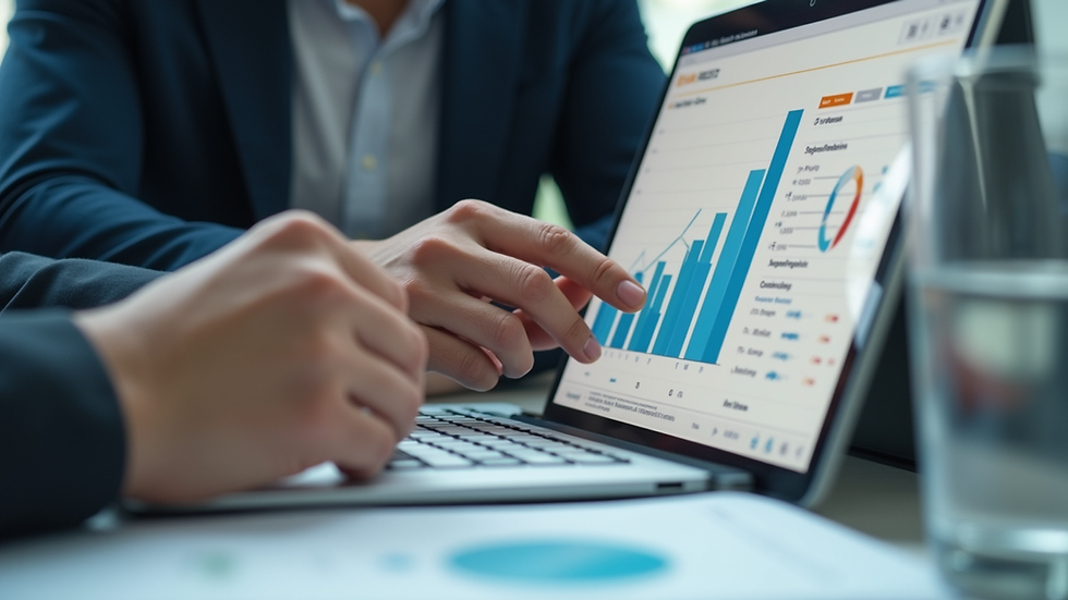 Close-up view of a marketing team analyzing data charts on a laptop