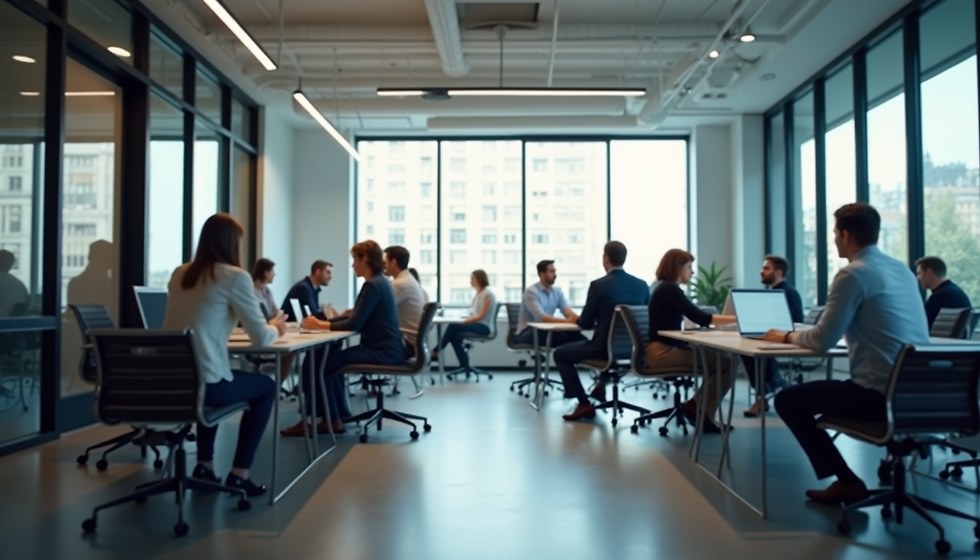 Equipe reunida em uma sala de reuniões corporativa moderna, discutindo estratégias de negócios em um ambiente colaborativo com mesas de trabalho e telas digitais.
