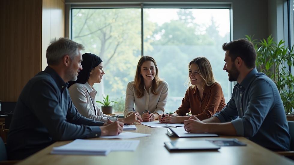 Eye-level view of a marketing team discussing strategy around a table