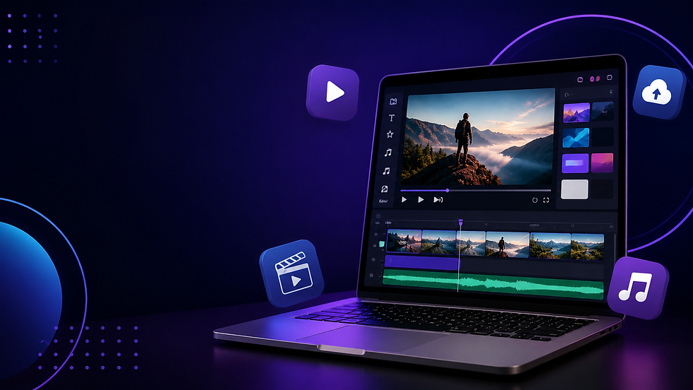 Imagem horizontal com fundo escuro em degradê roxo e azul. À direita, um notebook aberto mostra uma interface de edição de vídeo com linha do tempo e preview de paisagem. Ao redor, ícones flutuantes de play, clapperboard e música reforçam o tema de criação audiovisual.