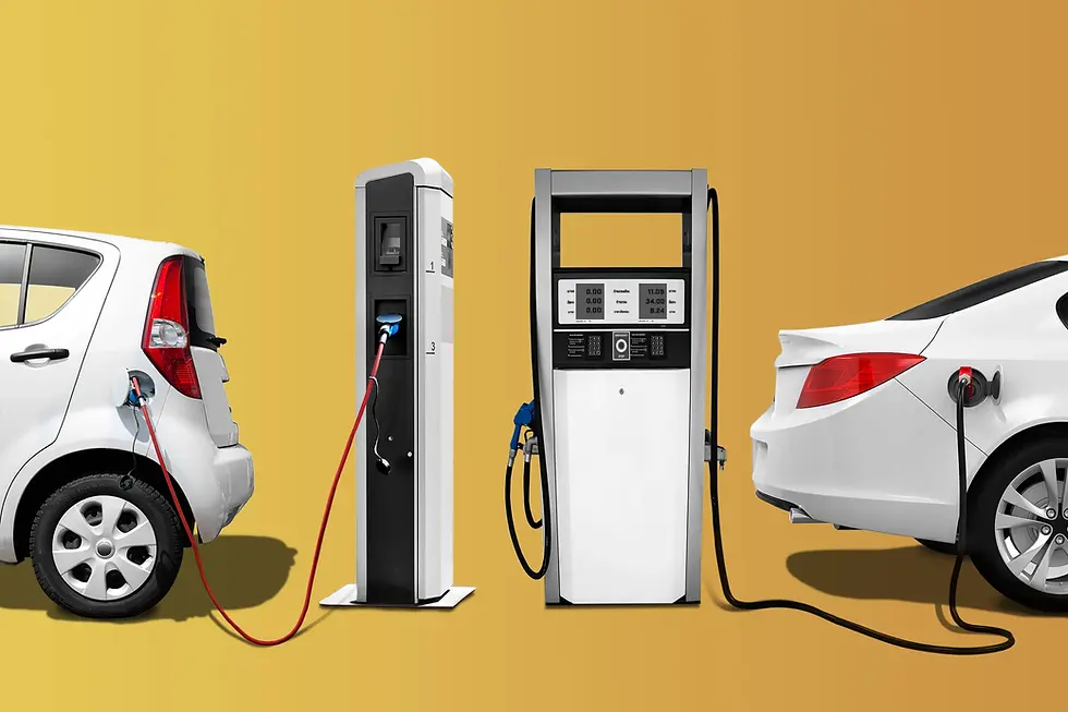 Two white cars charging at electric stations against a yellow background. One station resembles a traditional fuel pump. Plug-In Hybrids
