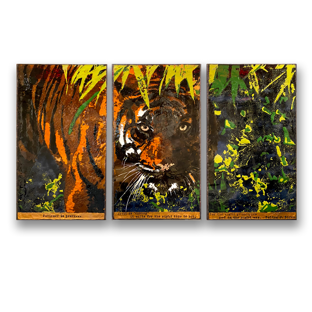 Painting of a tiger with text in the jungle setting Tres.