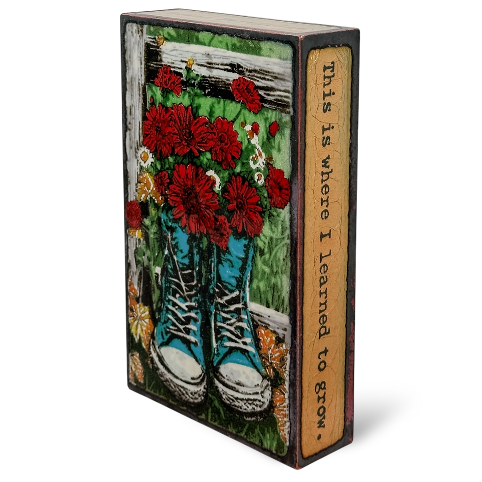 Thumbnail: Floral art with blue boots and red flowers, reads: This is where I learned to grow.