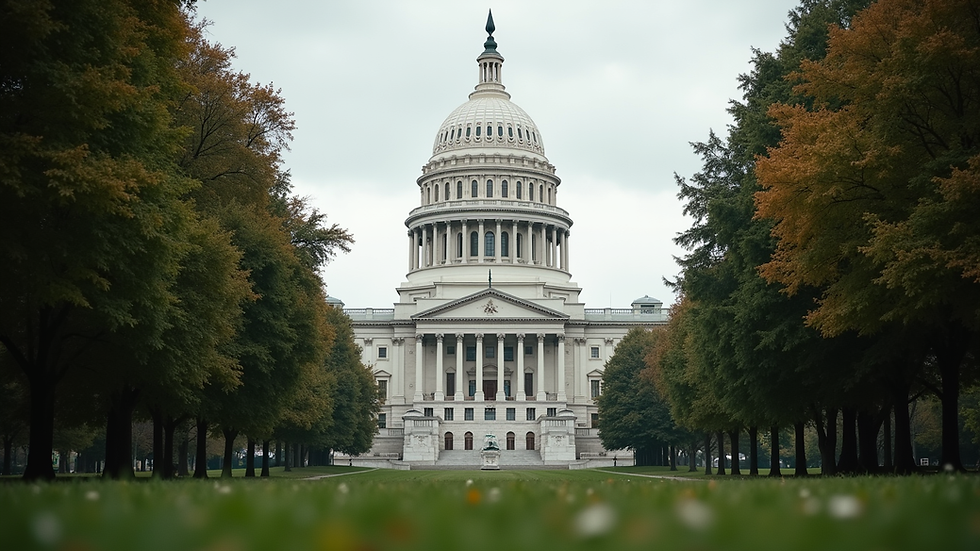 Eye-level view of a state capitol building surrounded by trees