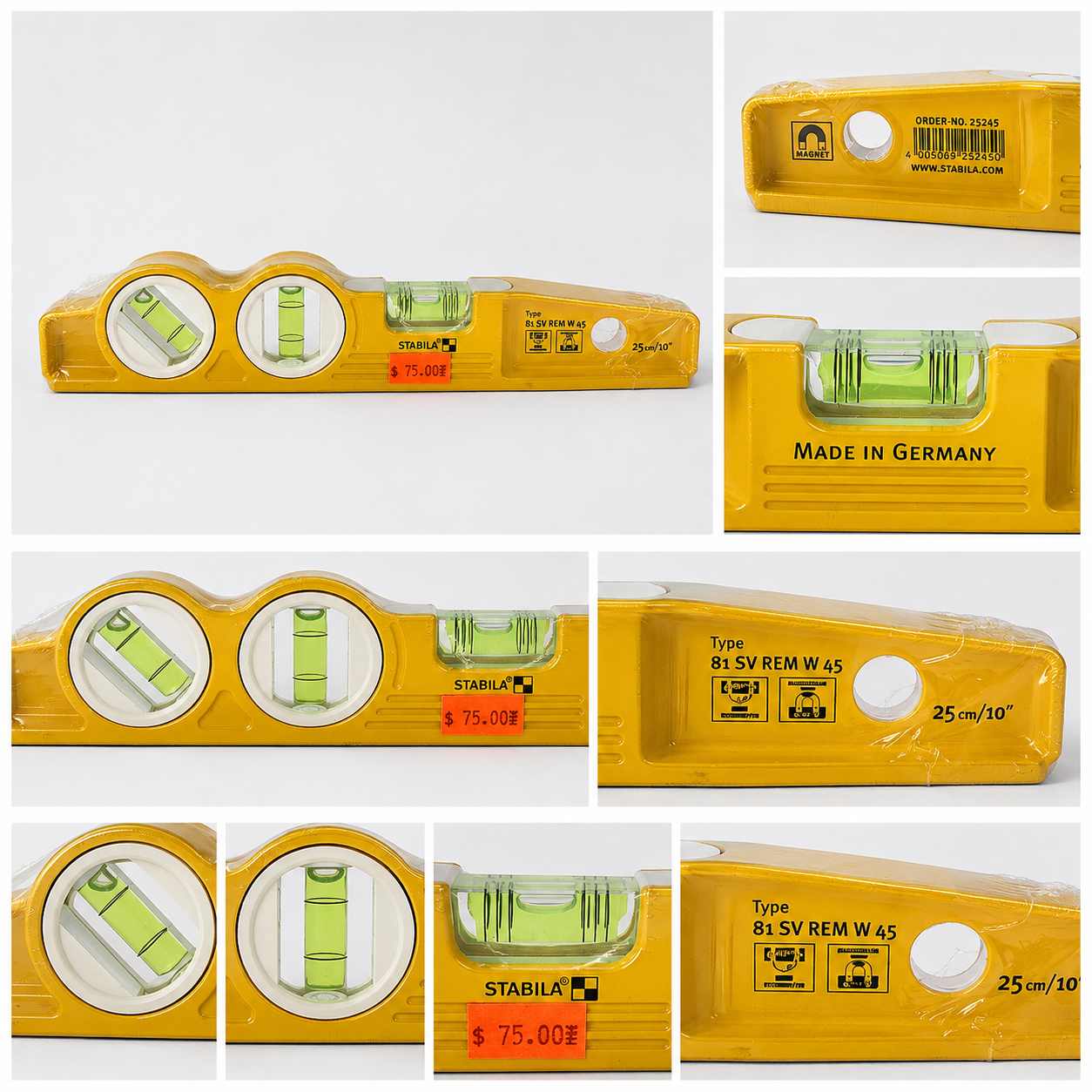 STABILA Type 81SMW45 Die Cast Three Vial Torpedo Level